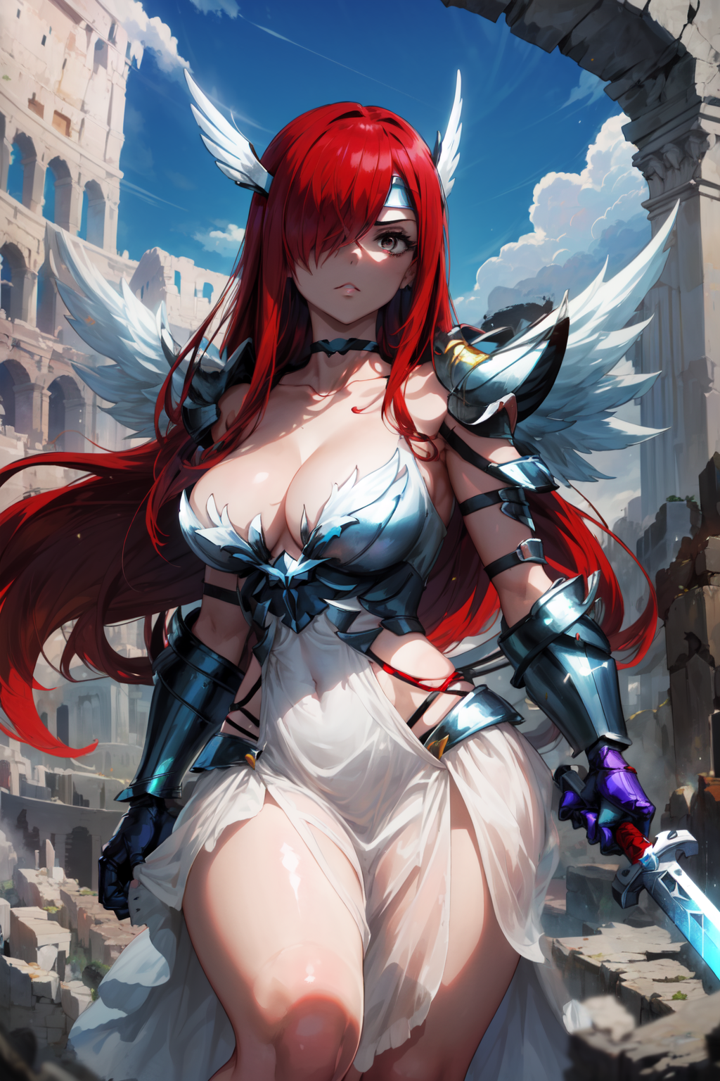 masterpiece,best quality,1girl,mature female,erza scarlet,hair over one eye,red hair,thick thighs,heavenswheel,(armor),pau...